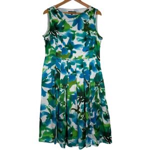 Jones New York Dress Womens 12 Blue Green Floral Pleated Fit and Flare